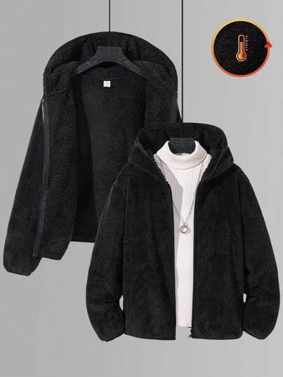 SHEIN Veste en tricot à capuche ample, épaisse et confortable pour garçons pré-adolescents, idéale pour les jours de casual en automne/hiver