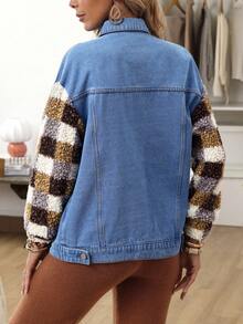 EMERY ROSE Women's Casual Fluffy Patchwork Button Denim Jacket Women's Winter Jacket - Blue - View 2
