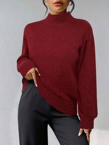 Firerie Sweater Lengan Panjang Kerah Tinggi Minimalis Warna Polos untuk Wanita, Cocok untuk Pakaian Sehari-hari di Musim Gugur/Dingin - Burgundy - View 6