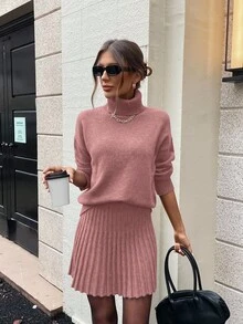 SHEIN LUNE 女式纯色高领长袖上衣和迷你裙两件套 - 粉色 - 查看 7