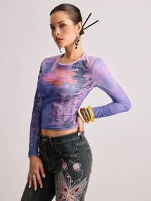ROMWE Avant New Chinese Style Lotus Flower & Goldfish Calligraphy Text Sheer Blouse For Women - Multicolor - View 5