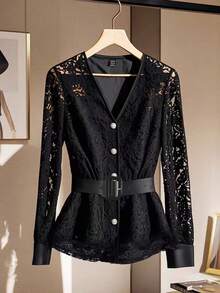 GlowEve 女式 V 领长袖金属纽扣蕾丝高端时尚衬衫，春夏