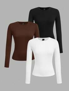 SHEIN EZwear 3 件套大码女式圆领休闲修身长袖 T 恤套装，纯色，适合秋冬季分层休闲穿着 - 彩色 - 查看 1