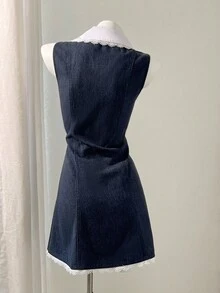 Elamini Váy denim thường ngày không tay, cổ ren màu tương phản dành cho nữ - Màu xanh lam - Xem 2