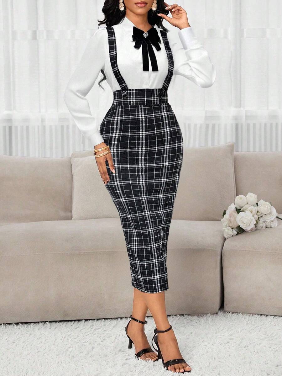 SHEIN Lady 女士时尚百搭后开衩紧身连衣裙(带肩带)适合秋冬季女士秋季服装女士秋季连衣裙冬季连衣裙 - 黑與白 - 查看 1