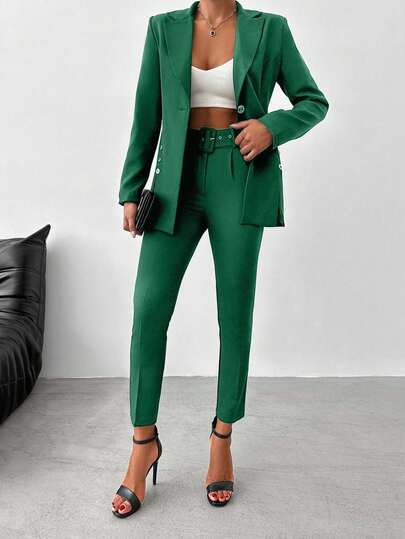 SHEIN Set di blazer con colletto a revers e pantaloni con cintura in colore tinta unita, adatto per lavoro e pendolarismo