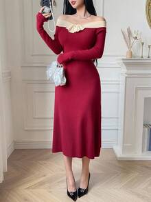 DAZY French Off Shoulder High-Quality Fitted Long Sleeve Knit Dress With Bow Decor, Autumn/Winter Sweater Dress - Burgundy - View 4