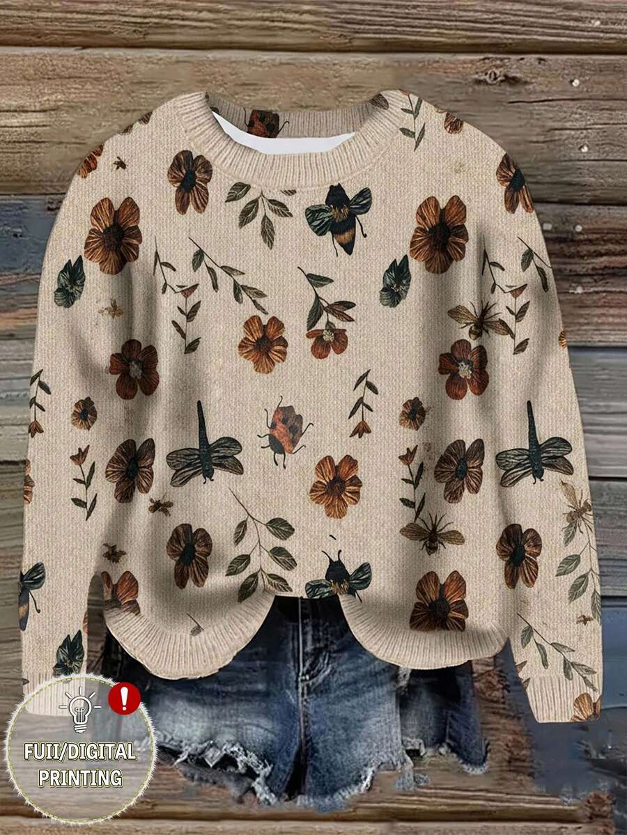 EMERY ROSE Floral Print Casual Pullover Sweater For Women, Fashionable & Versatile, Christmas - Multicolor - View 1