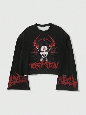 Street Life Men Letter & Portrait Gothic Graphic Round Neck Long Sleeve T-Shirt, Fall