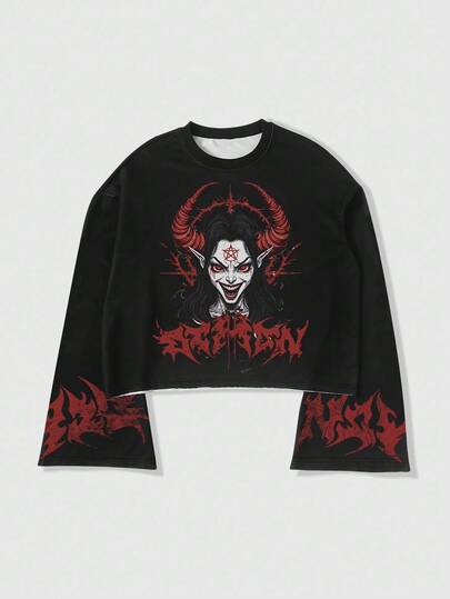 Street Life Camiseta de manga larga con cuello redondo, gráfico gótico con letra y retrato para hombre, otoño