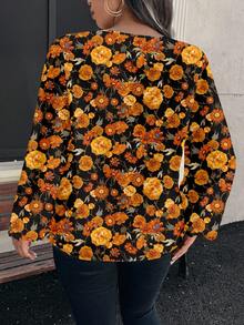 EMERY ROSE Plus Size Vintage Elegant Floral Print Shirt, Suitable For Fall