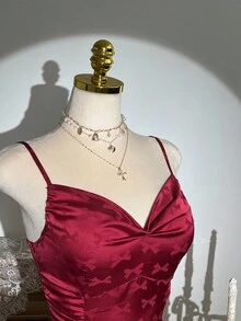 Elamini 1pc Vintage Butterfly Print Shiny Camisole Dress With Ruffle Hem, Fitted Silhouette, Suitable For Christmas Party, Red