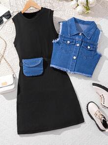 SHEIN Tween Girls' Black Denim Vest & Knitted Dress Two Pieces Set With A Bag