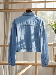 GlowEve Women's Faux Pearl Front Button Fashionable Long Sleeve Denim Jacket And Coat