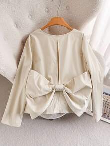 CosyJoli Plus Size Casual Bowknot Back Round Neck Pullover Shirt Fall - Apricot - View 1