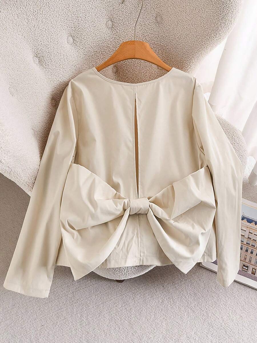 CosyJoli Plus Size Casual Bowknot Back Round Neck Pullover Shirt Fall - Apricot - View 1