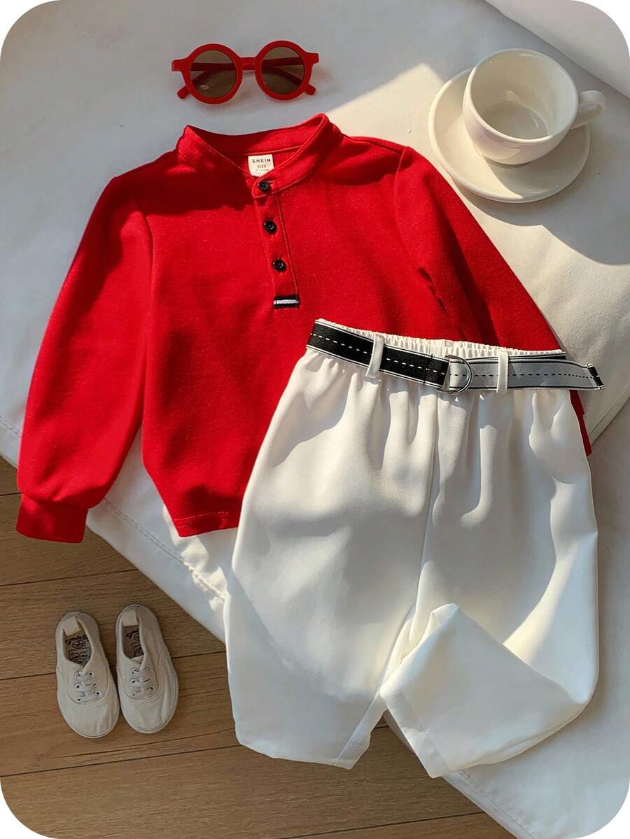 SHEIN 两件套婴儿/男宝宝秋冬套装 - 红色翻领长袖polo衫和白色长裤,适合秋冬季节、派对、拍照、返校、圣诞节、假期、婚礼、迎婴派对、洗礼、一周岁生日等场合。 - 紅色 - 查看 1