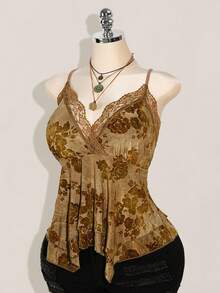 SHEIN ICON Áo hai dây họa tiết ren tương phản Hippie cỡ lớn cho nữ, viền bất đối xứng, thích hợp cho lễ hội, kỳ nghỉ hè, mùa tốt nghiệp, trở lại trường - Màu vàng - Xem 6