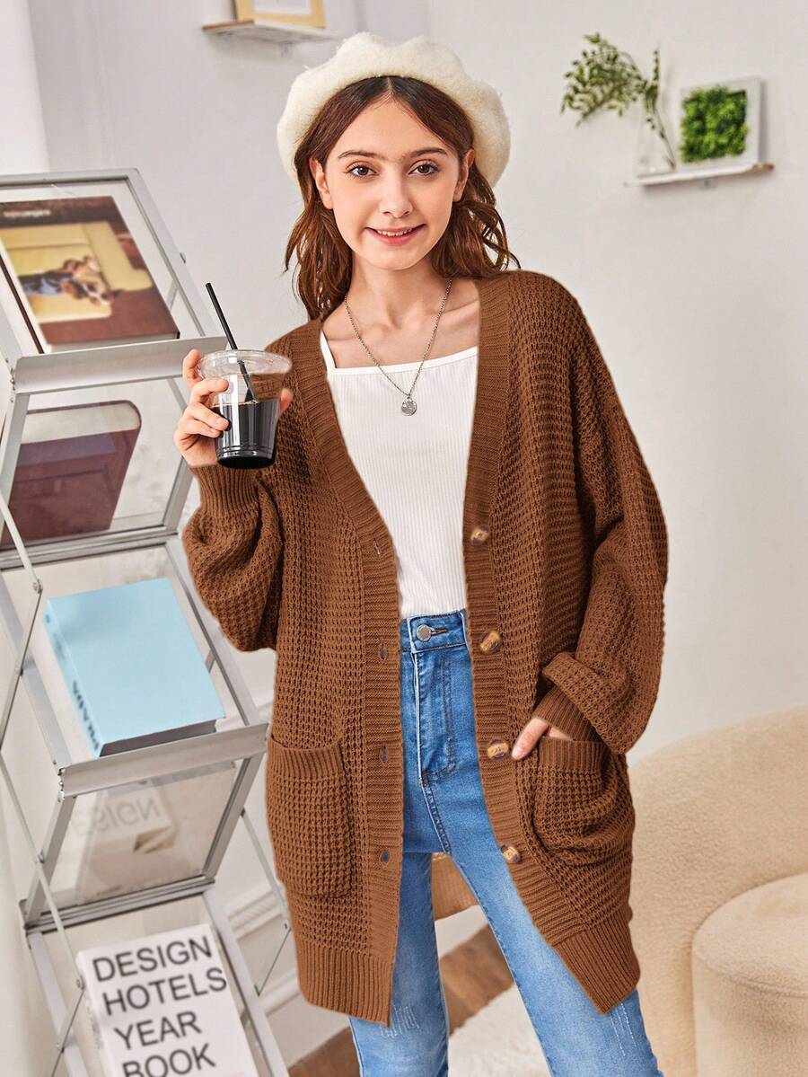SHEIN Cardigan Sweater Lengan Panjang Leher V Warna Polos untuk Anak Perempuan Remaja, Serbaguna untuk Pakaian Kasual, Sekolah, Musim Gugur dan Musim Dingin - Coklat - View 1