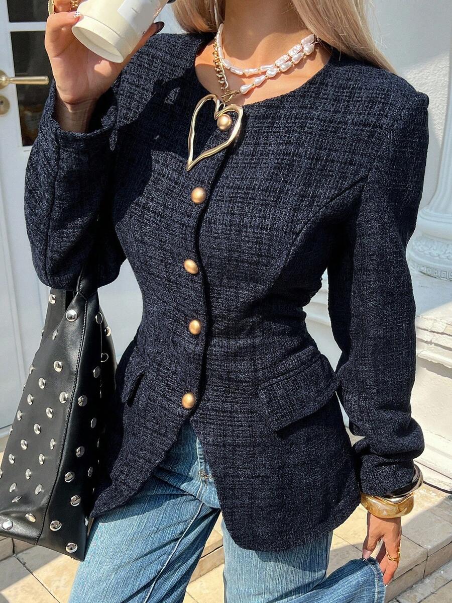 Livesso Women's Round Neck Cinched Waist Regular Jacket, Autumn