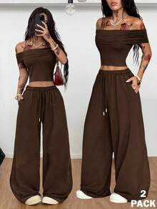 Coolane 女士秋季 Y2K 街头服饰日常基本休闲露肩短款 T 恤和宽松裤两件套服装 - 棕色 - 查看 1