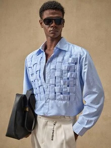 AKNOTIC Business Casual 男士条纹梭织简约休闲长袖衬衫 - 藍白色 - 查看 6