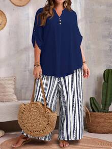 EMERY ROSE Plus Size Solid Color Top & Retro Printed Long Pants 2 Pieces Set - Navy Blue - View 4