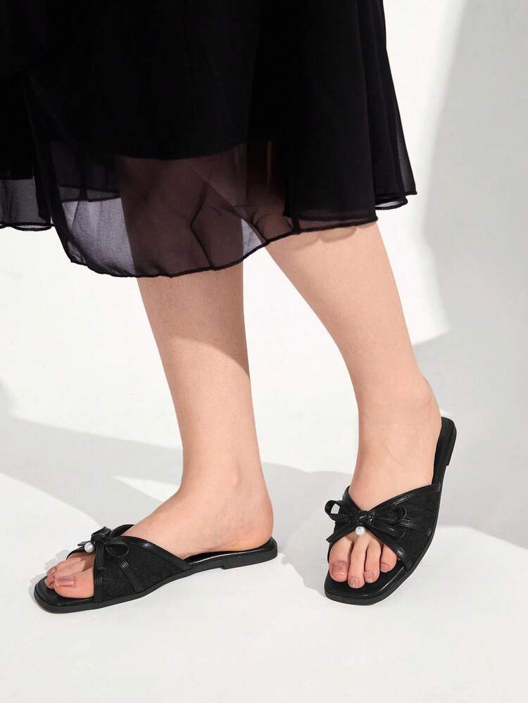 CUCCOO CHICEST Faux Pearl Decor Square Toe Comfortable Women's Flat Sandals, Casual Everyday Wear Spring Shoes Spring Break Easter