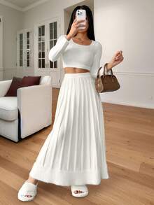 Elenzga Women's Elegant Ribbed Texture A-Line Faux Fur Ruffle Hem Skirt, Autumn/Winter - White - View 4