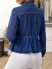 EMERY ROSE Women's Fashionable Button-Up Collar Flap Detail Denim Jacket, Autumn,New Denim Jacket For Autumn And Winter, Romantic Ruffled Waist Denim Short Jacket - Blue - View 2