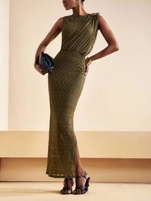 Zivah 2025 秋季新款万圣节生日派对宴会学院风学生日常休闲邮轮旅行热门优雅通勤商务休闲无袖圆领前褶肩金属装饰纽扣腰部收紧紧身开衩透明蕾丝面料内衬军绿色超长连衣裙女 - 軍綠色 - 查看 7