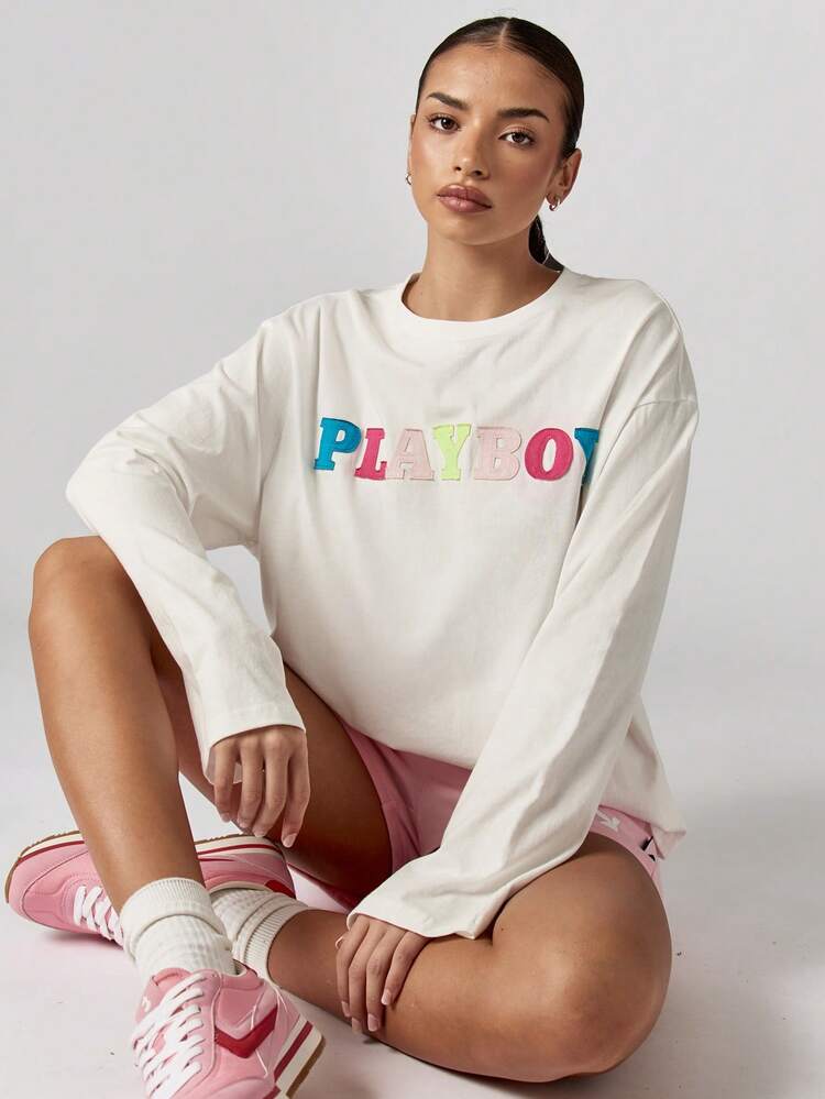 Missguided x Playboy Oversized Crew Neck Sweater With Colorful Applique Letters