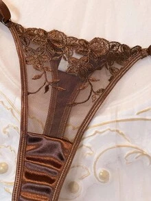 2pcs/Set Romantic Floral Embroidery Sexy Lingerie Set For Women Hollow Out Lingerie Butterfly Lingerie Set Underwire Lingerie Set Brown Lingerie Brown Lace Bra - Coffee Brown - View 4