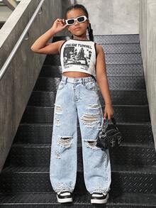 Sparklyn Tween Girls Y2K 休闲百搭破洞宽松阔腿牛仔裤，适合日常城市散步穿着 - 淺色水洗藍 - 查看 8