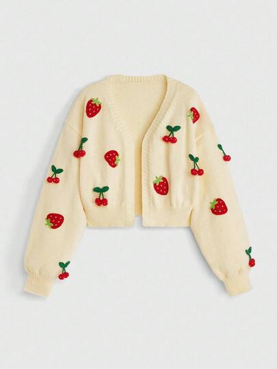 Kawaii Women's 3D Fruit Strawberry & Cherry Crochet Decorative Knitted Cardigan