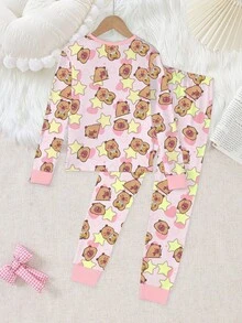 2 件套女童可爱熊和星星印花圆领长袖上衣和紧身裤睡衣套装，柔软有弹性的针织面料 - 彩色 - 查看 2