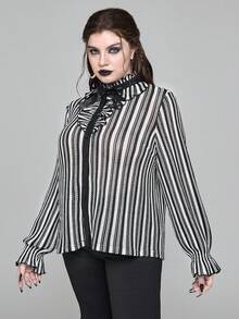 ROMWE Gothic Style Ruffle Trim Striped Blouse, School Inspired Plus Size Women Shirt - Black and White - View 5