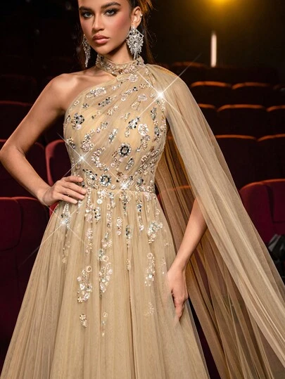 Glamrae 优雅奢华亮片刺绣网眼喇叭袖长裙，适合婚礼、派对、度假、庆典、正式活动（重度装饰）