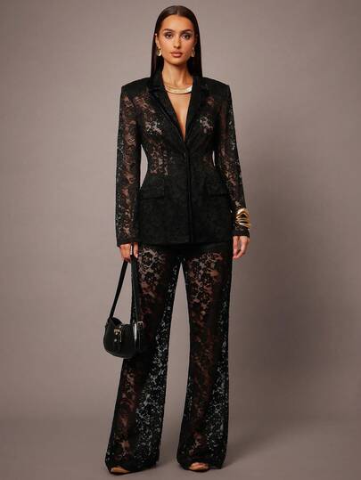 Silquee Women's High Waist Floral Lace Elegant Fashion Flare Pants