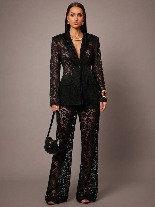 Silquee Women's High Waist Floral Lace Elegant Fashion Flare Pants