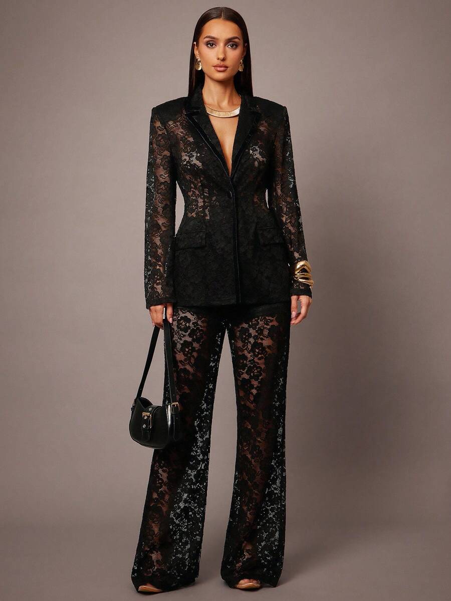 Silquee Women's High Waist Floral Lace Elegant Fashion Flare Pants