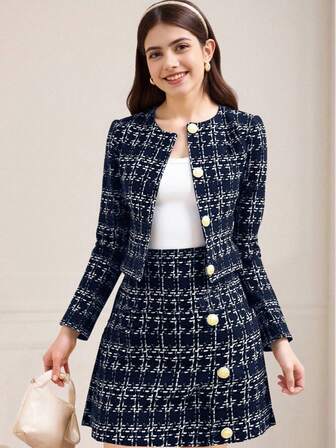 SHEIN Teen Girl Casual Minimalist Comfortable Round Neck Cardigan & Skirt Set