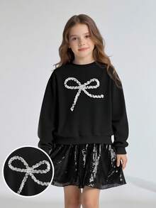 Maija Kids Maija Kids 青少年女孩纯色针织蝴蝶结运动衫和亮片迷你裙两件套 - 黑色 - 查看 1
