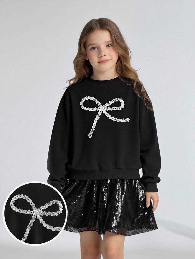 Tween Girl Solid Color Knit Bow Sweatshirt & Sequin Mini Skirt 2-Piece Set Fall Winter