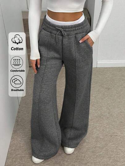 SHEIN Pantaloni della tuta a gamba ampia con dettagli in cintura, in grigio melange, per donna