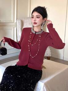 DAZY Women's Elegant Solid Color Rhinestone Embellished Cardigan, Autumn,New Year,Christmas