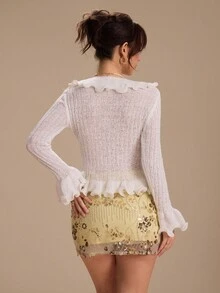 Relinas Women's French Elegant V-Neck Ruffle Trim Ribbed Knit Cardigan, Slim Fit, AutumnWarm Sweater Knitted Sweater Winter Wear Comfortable Autumn And Winter Wear Women's New Year Party Wear Can Be Worn In Many Ways