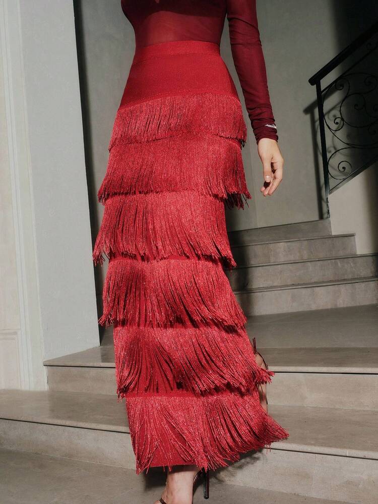 Falda de vendaje de múltiples capas con flecos rojos para mujer, vestido elegante ajustado y estilizador, vestido largo de fiesta de alta gama