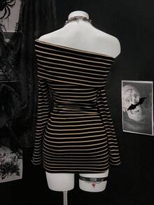 SHEIN Unity Women's Fashionable Black And Gray Striped Long Sleeve Dress - Multicolor - View 2