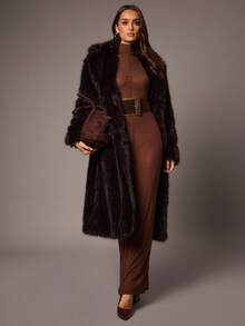 Silquee Women's Elegant Dark Brown Faux Fur Collar Long Fur Coat,Winter Luxury Solid Color Long Sleeve Fluffy Loose Fashion Design For Dinner Date Parties - Brown - View 2